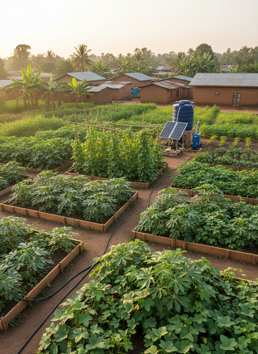 A lush, green community garden in a small Congolese town stretches across the foreground, with raised wooden planting beds filled with thriving cassava, beans, and leafy vegetables. The soil appears rich and well-tended, with simple irrigation hoses running between rows. In the midground, a small, solar-powered water pump sits beside a blue storage tank, symbolizing sustainable development. Soft late-afternoon golden light bathes the scene, casting long, gentle shadows and warm highlights on the foliage. Photographic realism, captured from a slightly elevated angle following the rule of thirds, creates a calm, optimistic mood that emphasizes resilience, local empowerment, and environmental care.