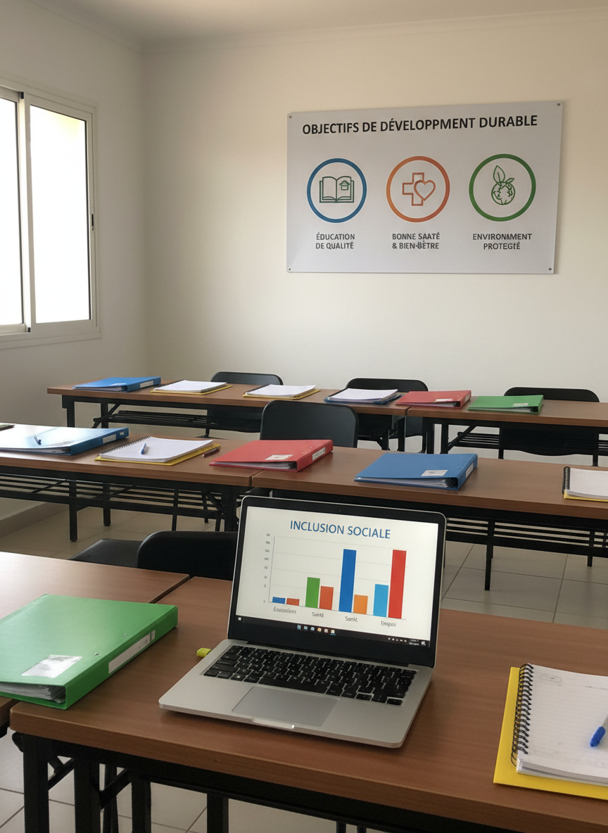 A bright, orderly training room in a local RDC community center features several simple wooden tables with neatly stacked notebooks, colorful folders, and a single open laptop displaying a chart about social inclusion. On a white wall in the background, a large poster outlines sustainable development goals in French, with icons for education, health, and environment. Diffused daylight enters from a side window, creating even, soft illumination and mild reflections on the laptop screen. Photographic realism, framed in a centered yet spacious composition with sharp focus throughout, communicates a professional, structured, and forward-looking atmosphere dedicated to capacity building and solidarity.
