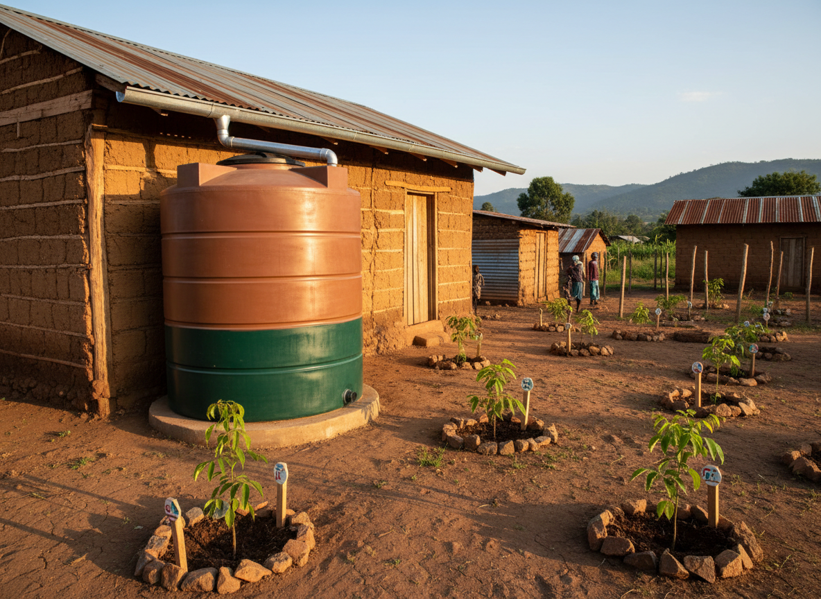 A carefully constructed rainwater harvesting system on the edge of a rural RDC village building shows a corrugated metal roof directing water into a wide, clean gutter that feeds a large, covered storage tank painted in foundation colors. Around the tank, the dry earth is dotted with new seedlings in small, labeled planting circles, symbolizing reforestation and environmental stewardship. The scene is lit by soft, early-morning light, with gentle highlights on the metal surfaces and long, delicate shadows across the ground. Photographic realism, shot from a low angle with the tank placed on a rule-of-thirds intersection, creates an inspiring, solution-focused atmosphere around sustainable development and community resilience.
