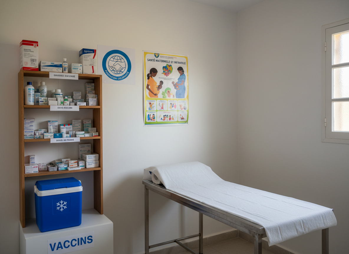A clean, well-equipped rural health outpost interior shows a sturdy examination table with fresh white paper, a neatly organized shelf of clearly labeled medical supplies, and a bright blue cooler for vaccines on a low cabinet. On the wall hangs an informative poster about maternal and child health in French, alongside a simple logo of a solidarity foundation. Soft overhead fluorescent light mixes with subtle daylight from a small window, producing balanced, realistic illumination with minimal harsh shadows. Photographic realism, captured at eye level with moderate depth of field, conveys a reassuring, professional, and inclusive mood, emphasizing access to essential health services for vulnerable populations.