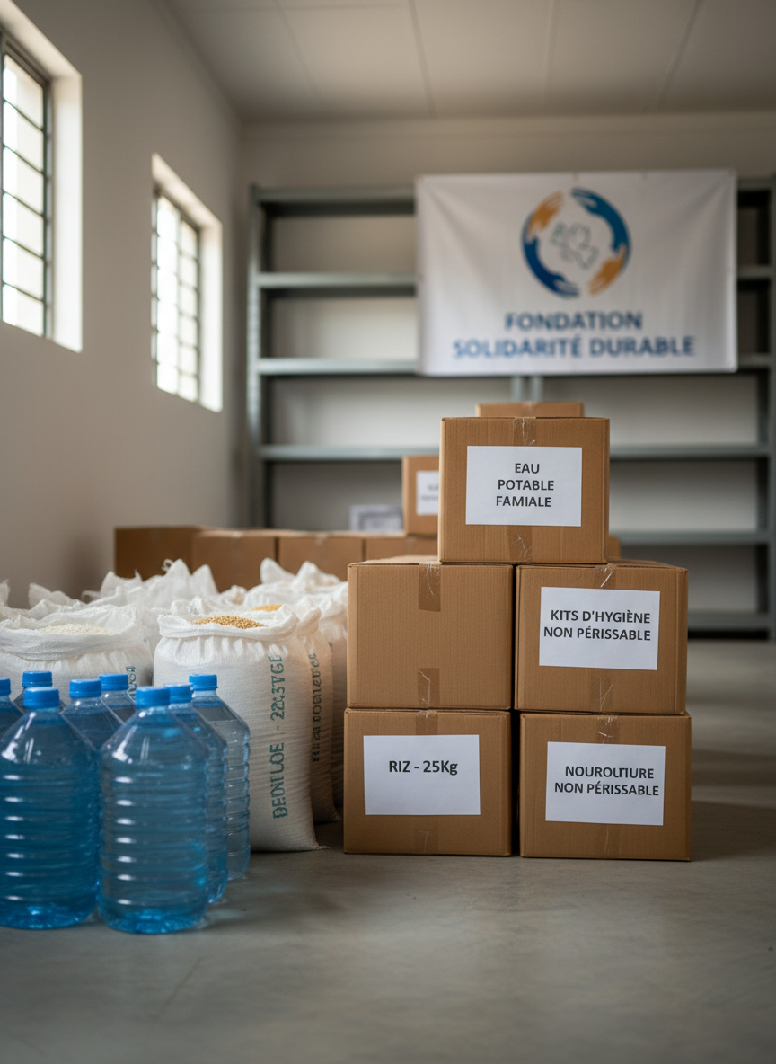 A carefully stacked collection of aid supplies, including neatly arranged brown cardboard boxes with clear French labels, rows of translucent jerrycans filled with clean water, and woven sacks of staples, sits on a clean concrete floor in a modest RDC community warehouse. Natural daylight filters through high side windows, creating soft, realistic shadows and subtle highlights on the varied textures. In the background, metal shelving and a large banner of a solidarity foundation logo are softly blurred. Photographic realism, shot at eye level with a slightly wide angle and moderate depth of field, conveys a professional, organized, and hopeful atmosphere focused on sustainable humanitarian support.
