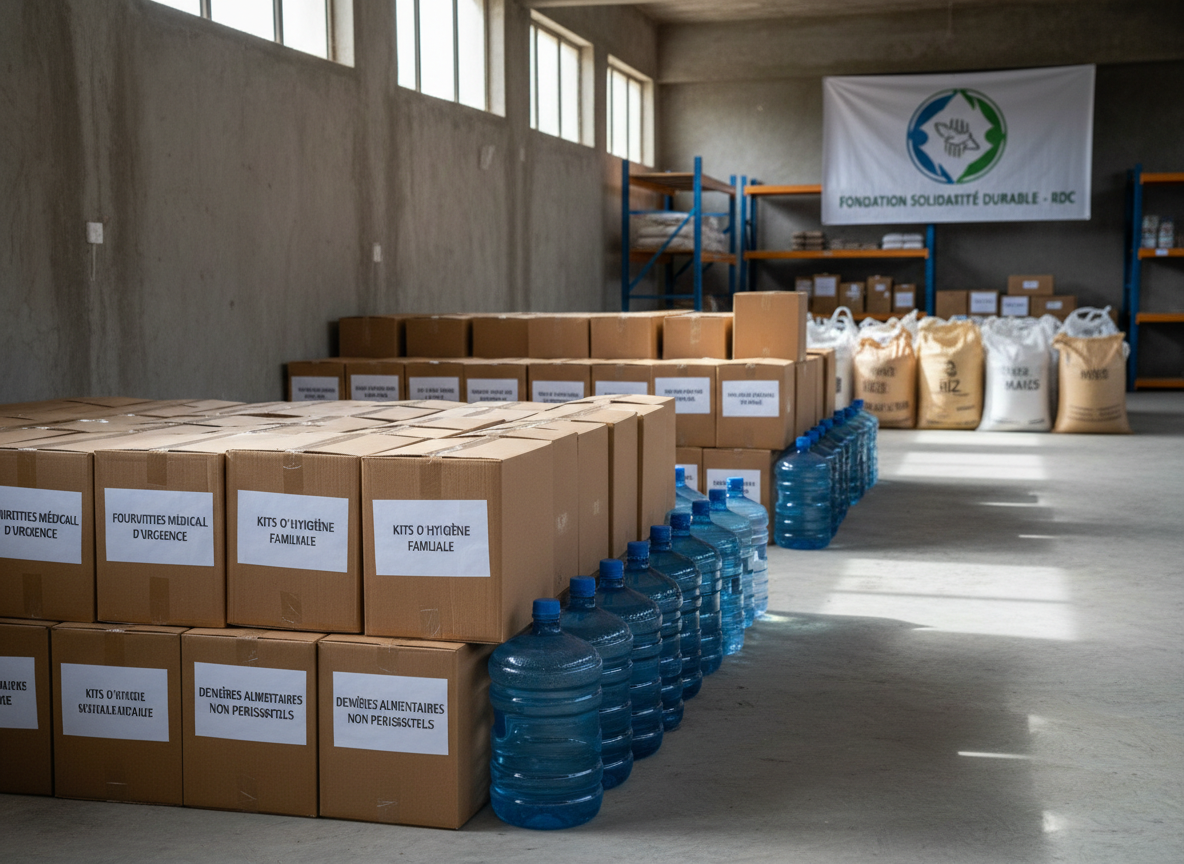 A carefully stacked collection of aid supplies, including neatly arranged brown cardboard boxes with clear French labels, rows of translucent jerrycans filled with clean water, and woven sacks of staples, sits on a clean concrete floor in a modest RDC community warehouse. Natural daylight filters through high side windows, creating soft, realistic shadows and subtle highlights on the varied textures. In the background, metal shelving and a large banner of a solidarity foundation logo are softly blurred. Photographic realism, shot at eye level with a slightly wide angle and moderate depth of field, conveys a professional, organized, and hopeful atmosphere focused on sustainable humanitarian support.