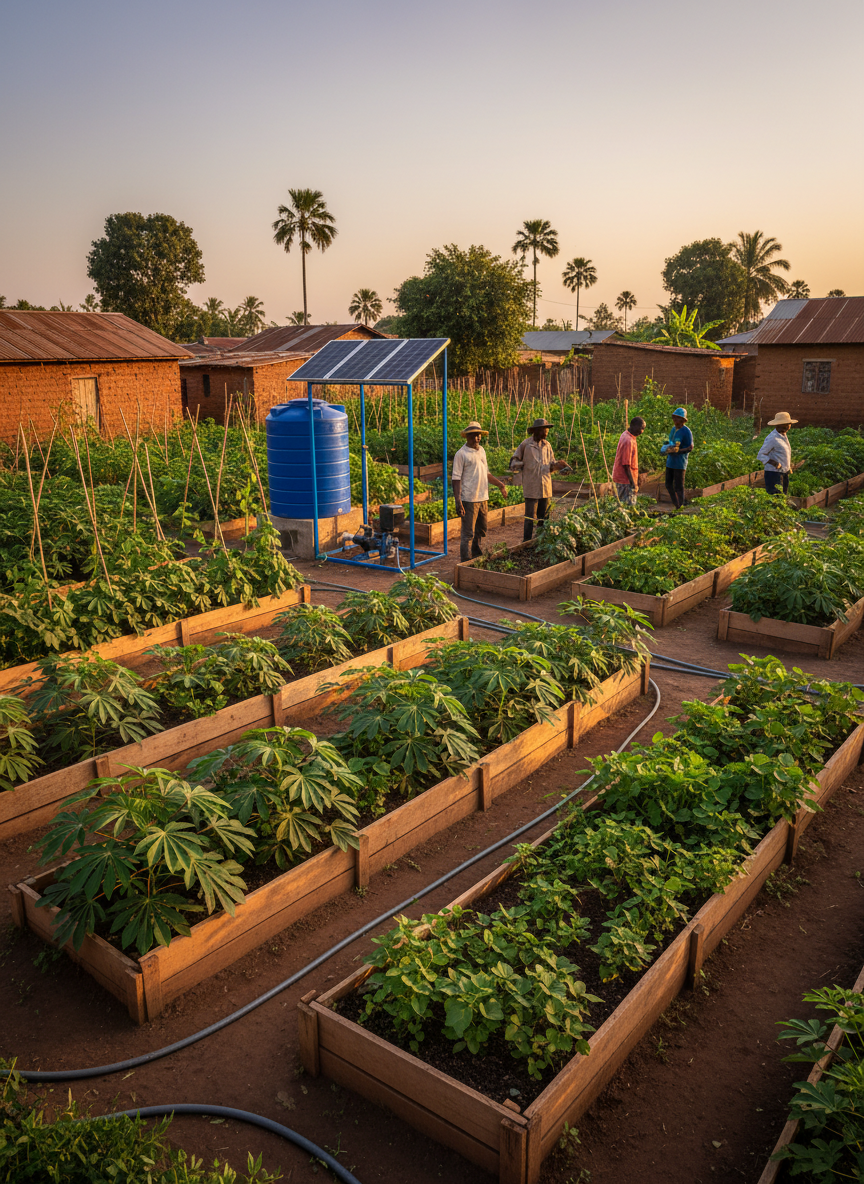 A lush, green community garden in a small Congolese town stretches across the foreground, with raised wooden planting beds filled with thriving cassava, beans, and leafy vegetables. The soil appears rich and well-tended, with simple irrigation hoses running between rows. In the midground, a small, solar-powered water pump sits beside a blue storage tank, symbolizing sustainable development. Soft late-afternoon golden light bathes the scene, casting long, gentle shadows and warm highlights on the foliage. Photographic realism, captured from a slightly elevated angle following the rule of thirds, creates a calm, optimistic mood that emphasizes resilience, local empowerment, and environmental care.