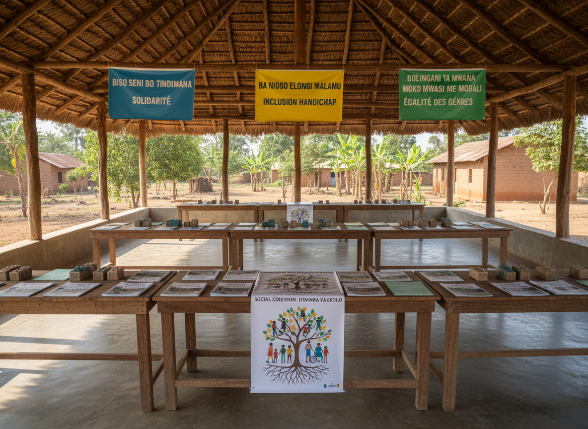 A spacious, open-sided community pavilion with a smooth concrete floor in a Congolese village is set up for an inclusion-focused awareness day. Colorful bilingual banners about solidarity, disability inclusion, and gender equality hang from wooden beams. On long tables, informational brochures, tactile learning materials, and a large, illustrated poster on social cohesion are precisely arranged. Warm, diffused daylight filters through surrounding trees, casting patterned shadows on the floor and soft highlights on the paper surfaces. Photographic realism, captured from a wide-angle perspective with strong depth of field, creates an inviting, dignified, and educational atmosphere that underscores respect, diversity, and community engagement without showing any people.