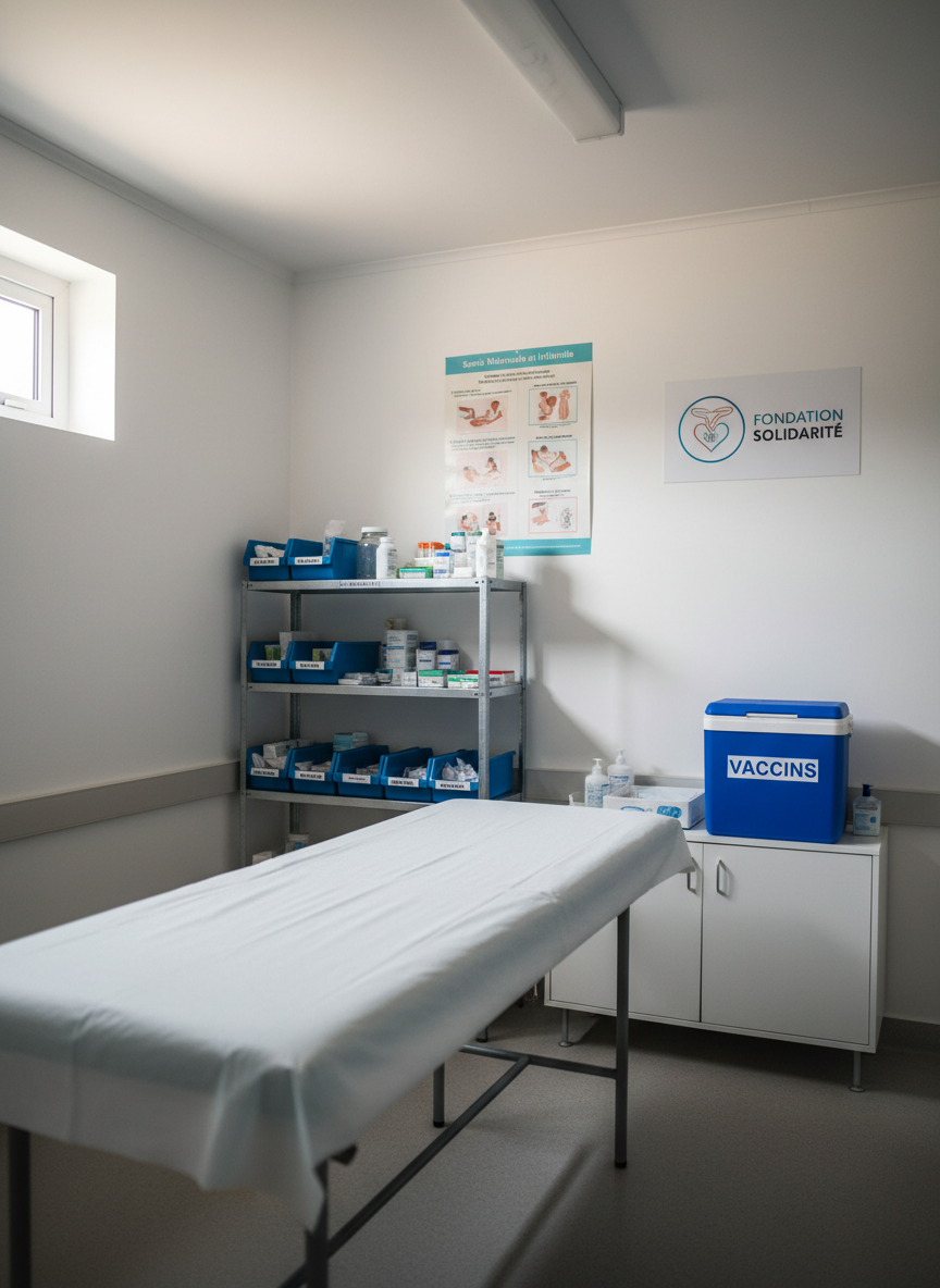 A clean, well-equipped rural health outpost interior shows a sturdy examination table with fresh white paper, a neatly organized shelf of clearly labeled medical supplies, and a bright blue cooler for vaccines on a low cabinet. On the wall hangs an informative poster about maternal and child health in French, alongside a simple logo of a solidarity foundation. Soft overhead fluorescent light mixes with subtle daylight from a small window, producing balanced, realistic illumination with minimal harsh shadows. Photographic realism, captured at eye level with moderate depth of field, conveys a reassuring, professional, and inclusive mood, emphasizing access to essential health services for vulnerable populations.