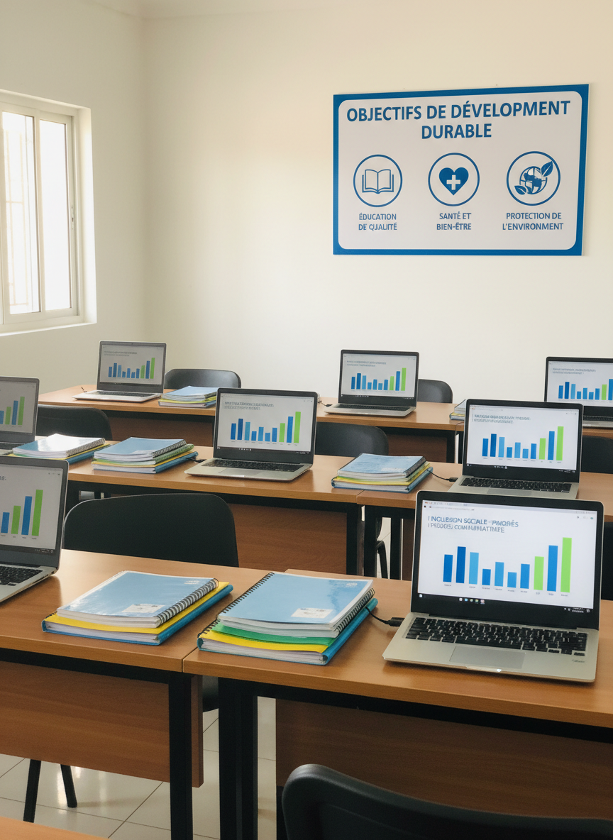 A bright, orderly training room in a local RDC community center features several simple wooden tables with neatly stacked notebooks, colorful folders, and a single open laptop displaying a chart about social inclusion. On a white wall in the background, a large poster outlines sustainable development goals in French, with icons for education, health, and environment. Diffused daylight enters from a side window, creating even, soft illumination and mild reflections on the laptop screen. Photographic realism, framed in a centered yet spacious composition with sharp focus throughout, communicates a professional, structured, and forward-looking atmosphere dedicated to capacity building and solidarity.